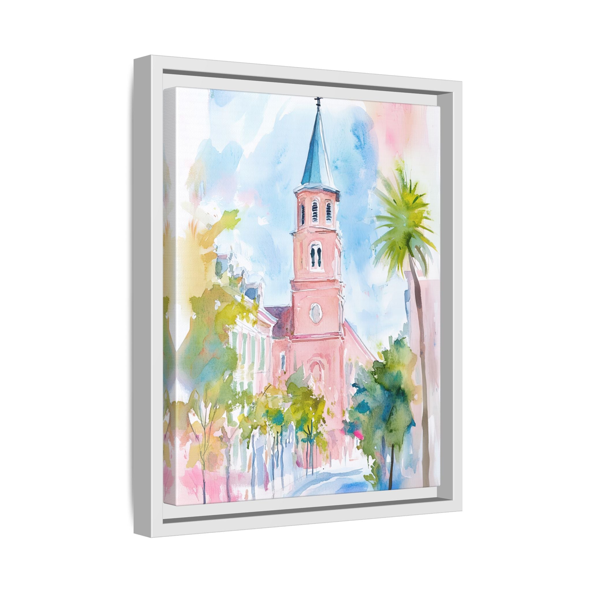 Framed Canvas - Charleston Steeple in Pastel Haze