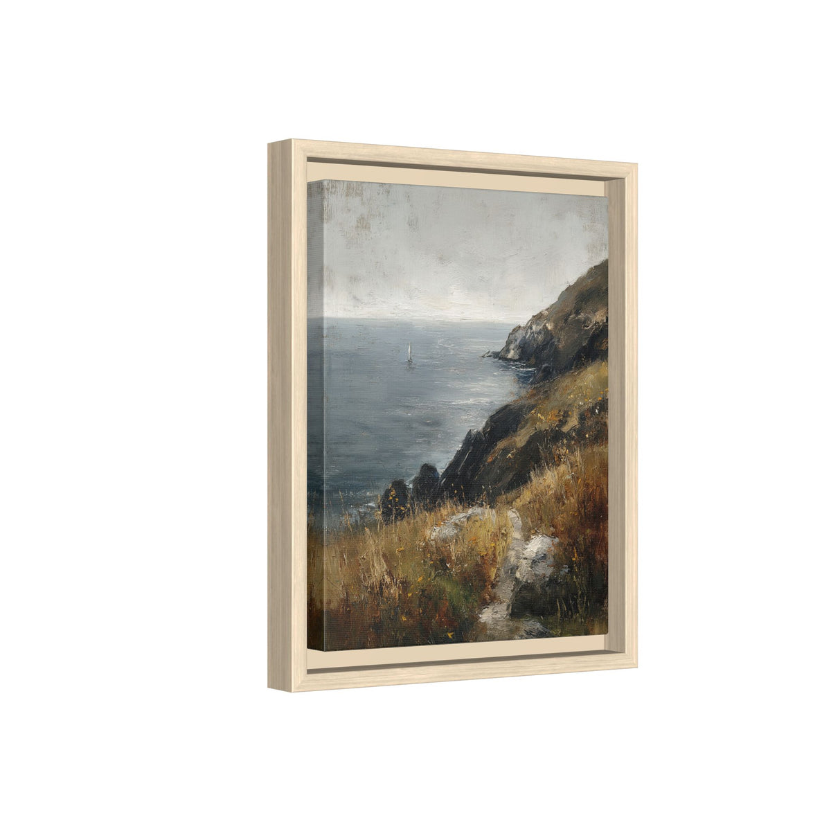 Framed Canvas - Cliffside Sailboat Seascape