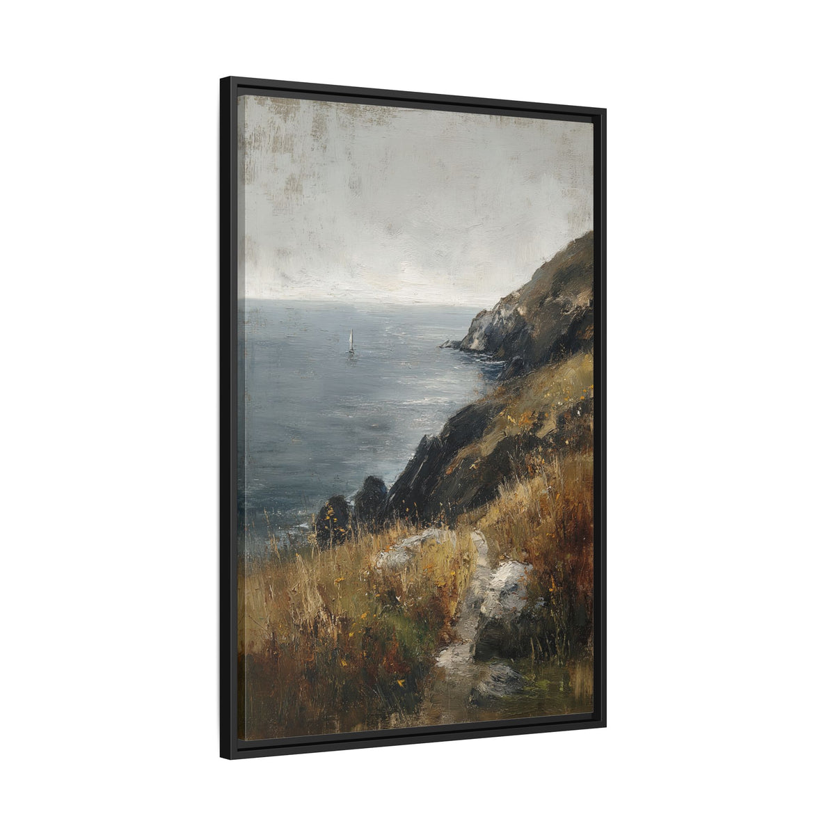 Framed Canvas - Cliffside Sailboat Seascape