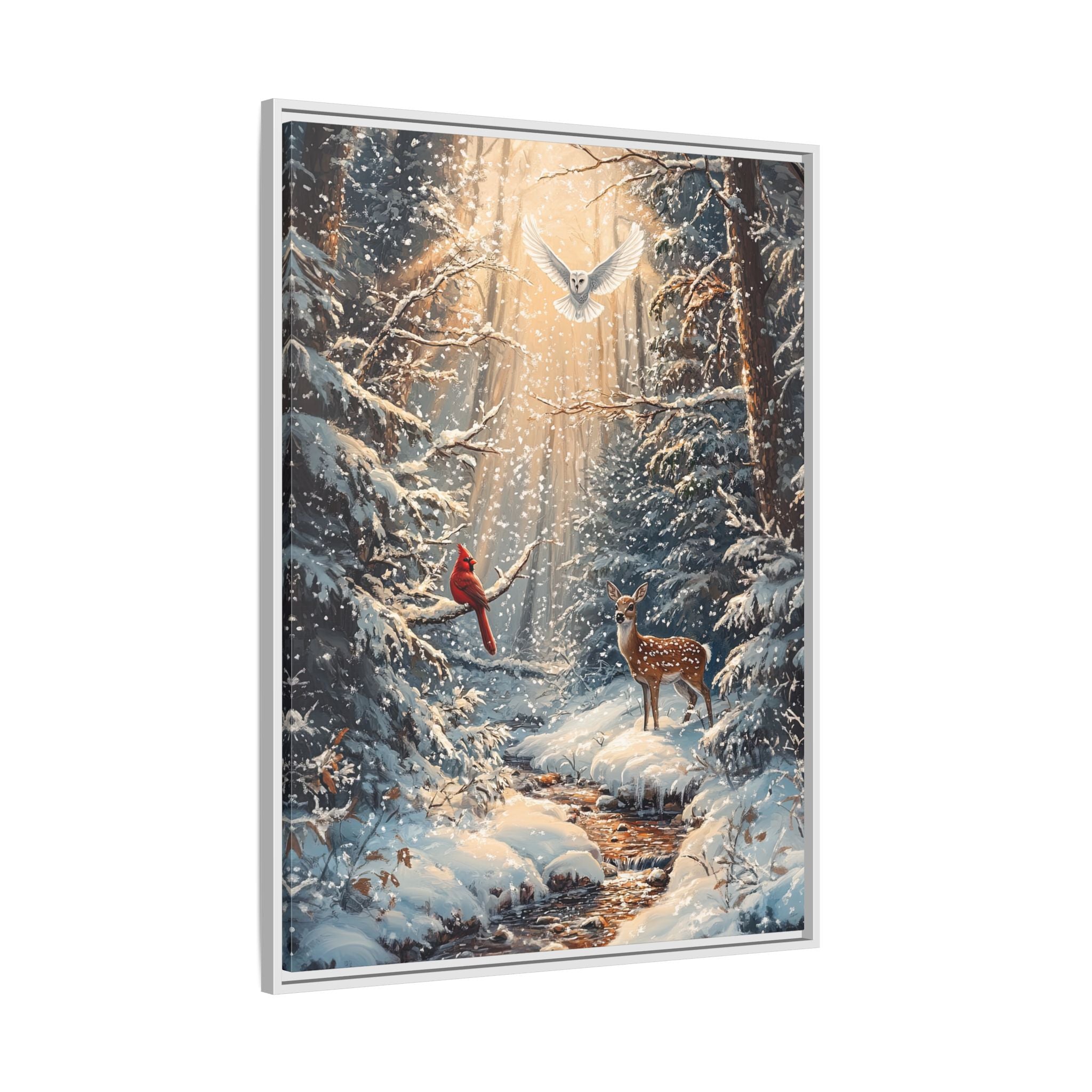 Framed Canvas - Winter Cardinal Deer Owl