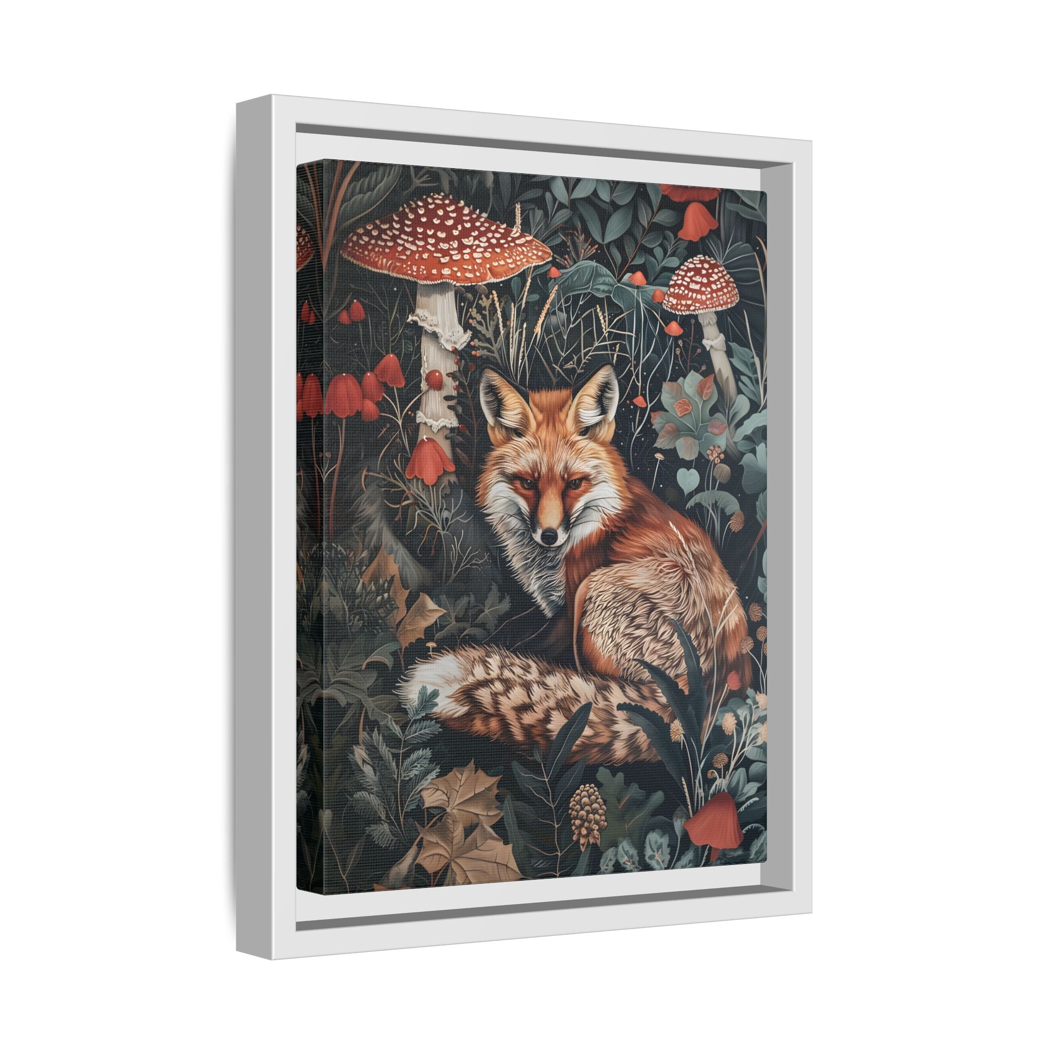 Framed Canvas - Forest Fox with Mushrooms
