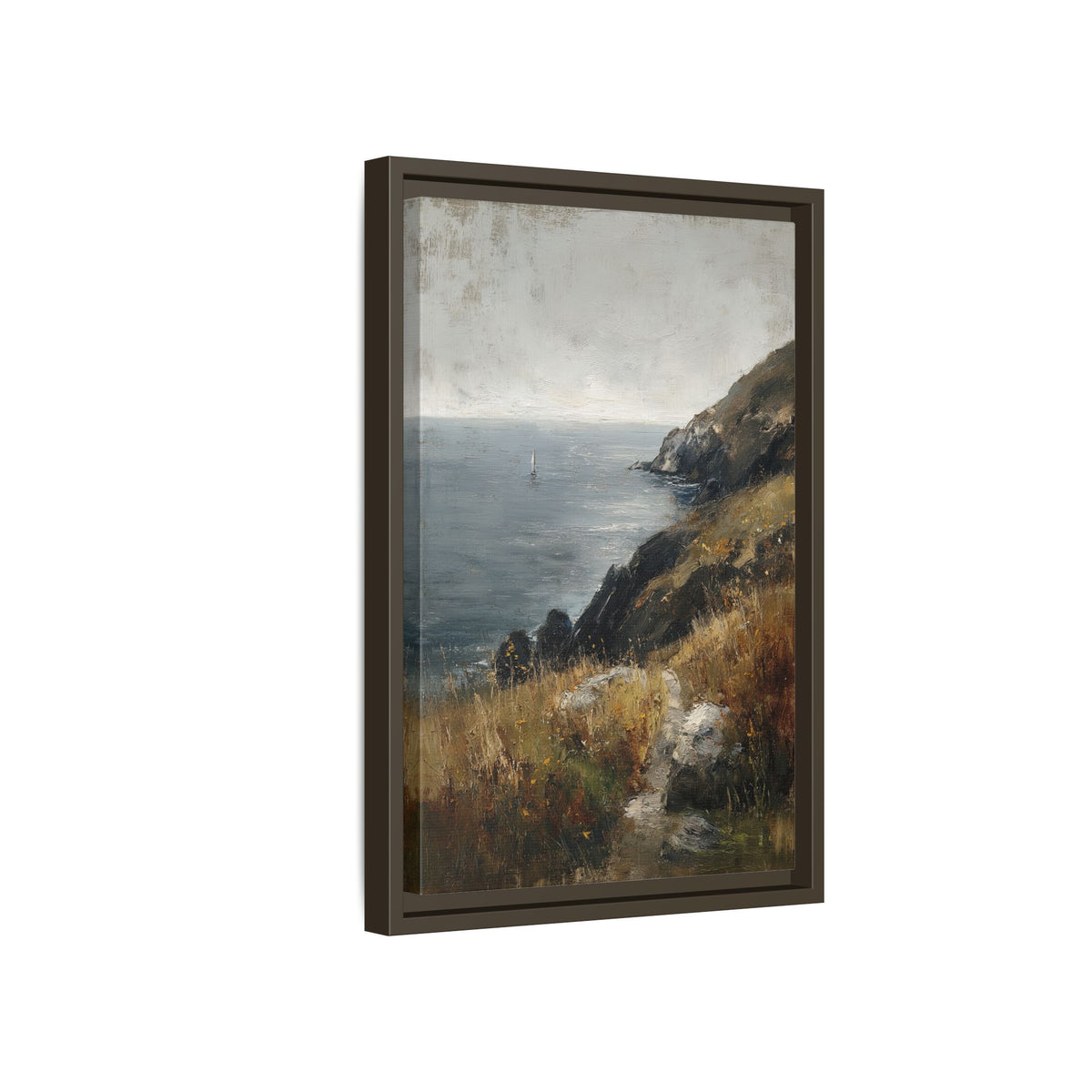 Framed Canvas - Cliffside Sailboat Seascape