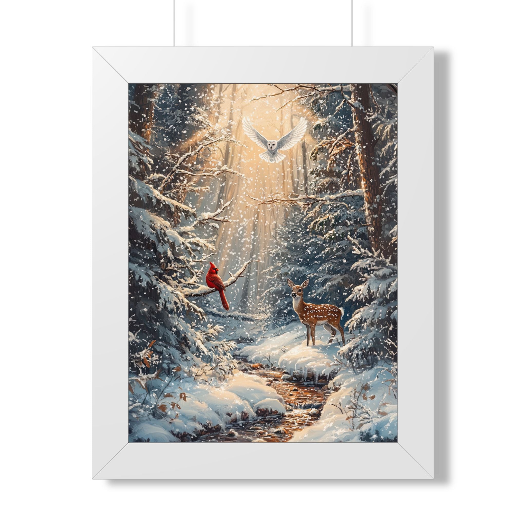 Framed Paper Print - Winter Cardinal Deer Owl