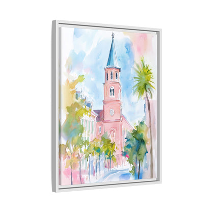 Framed Canvas - Charleston Steeple in Pastel Haze
