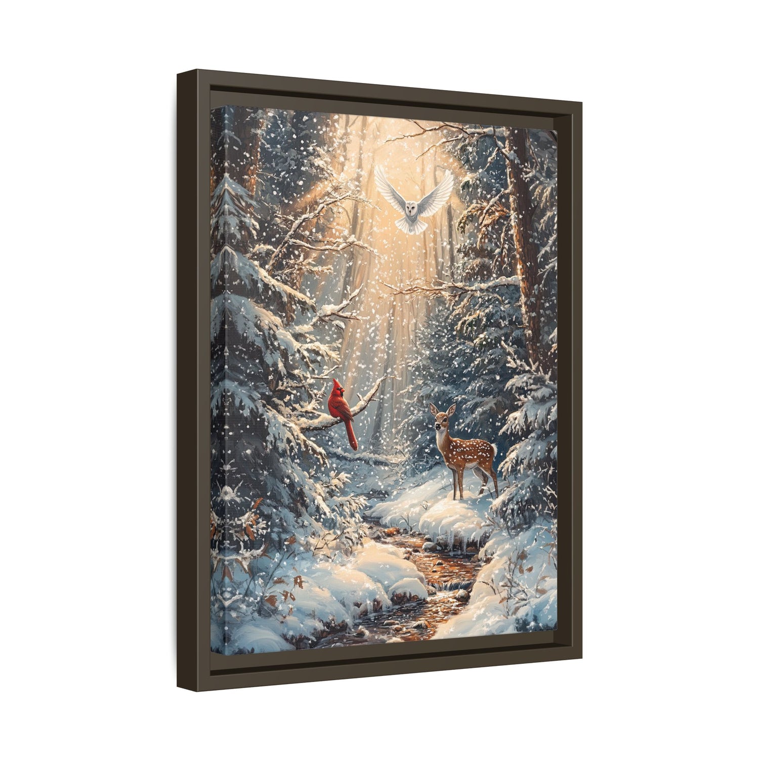 Framed Canvas - Winter Cardinal Deer Owl