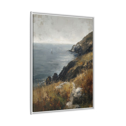 Framed Canvas - Cliffside Sailboat Seascape
