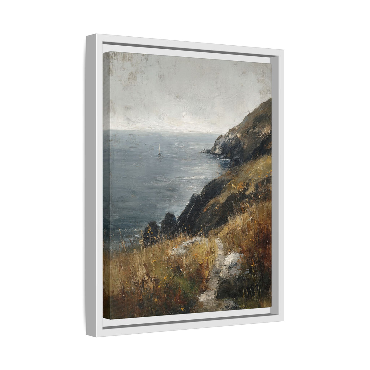 Framed Canvas - Cliffside Sailboat Seascape