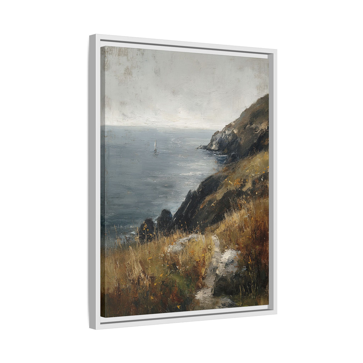 Framed Canvas - Cliffside Sailboat Seascape