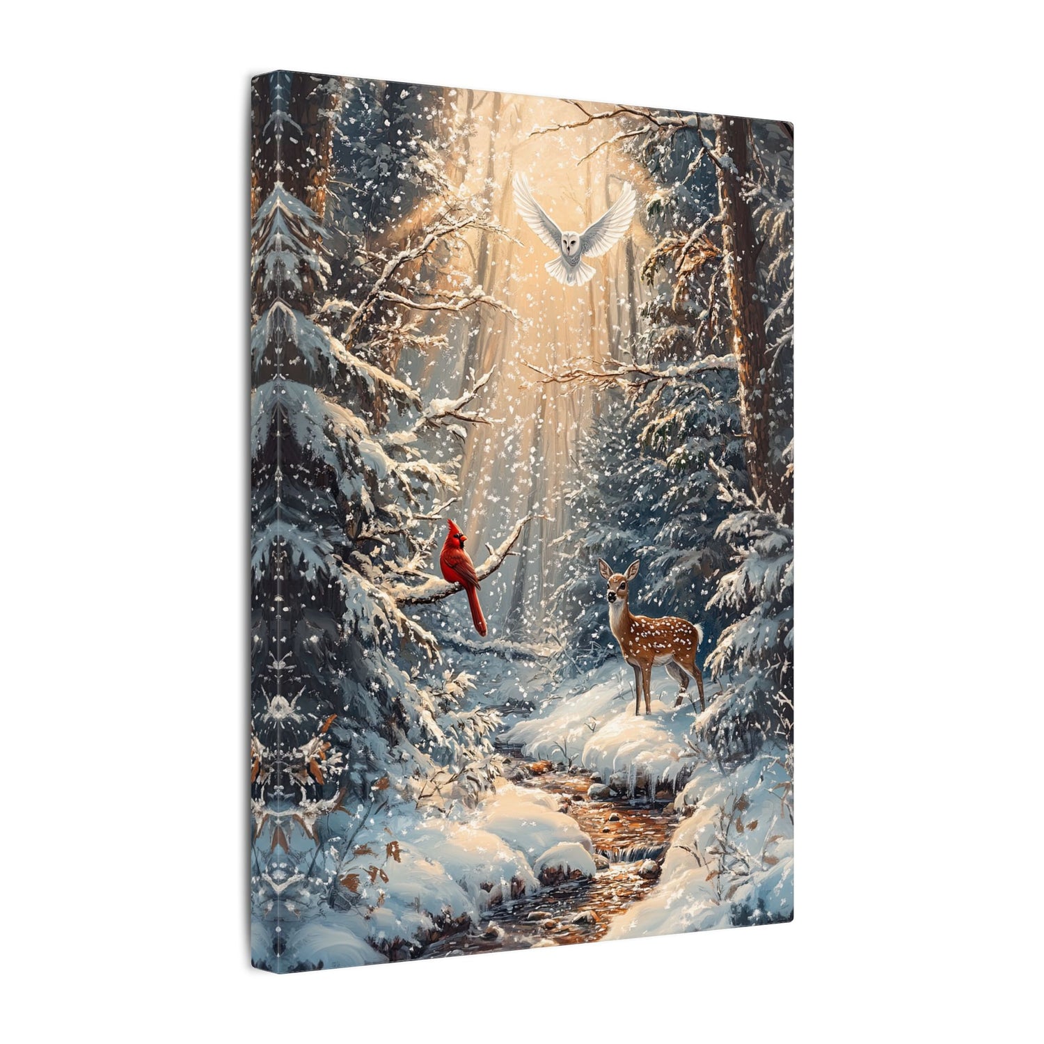 .75" Matte Canvas - Winter Cardinal Deer Owl