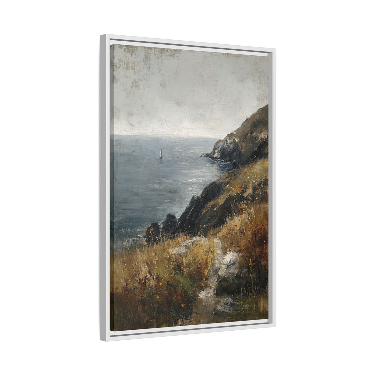 Framed Canvas - Cliffside Sailboat Seascape