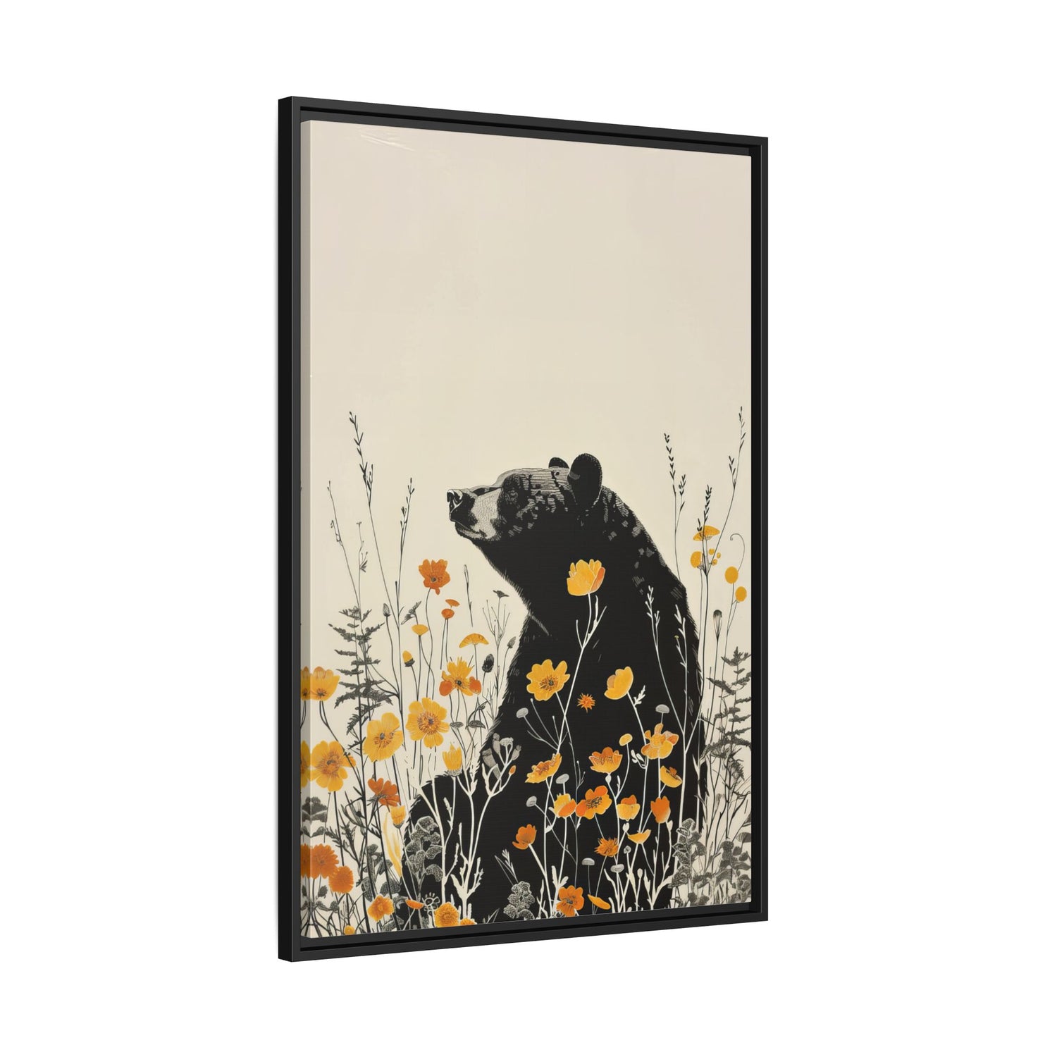 Framed Canvas - Black Bear in Wildflowers