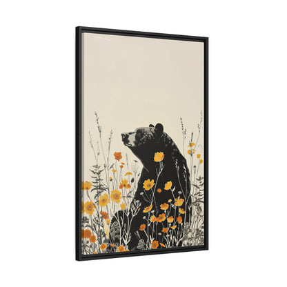 Framed Canvas - Black Bear in Wildflowers