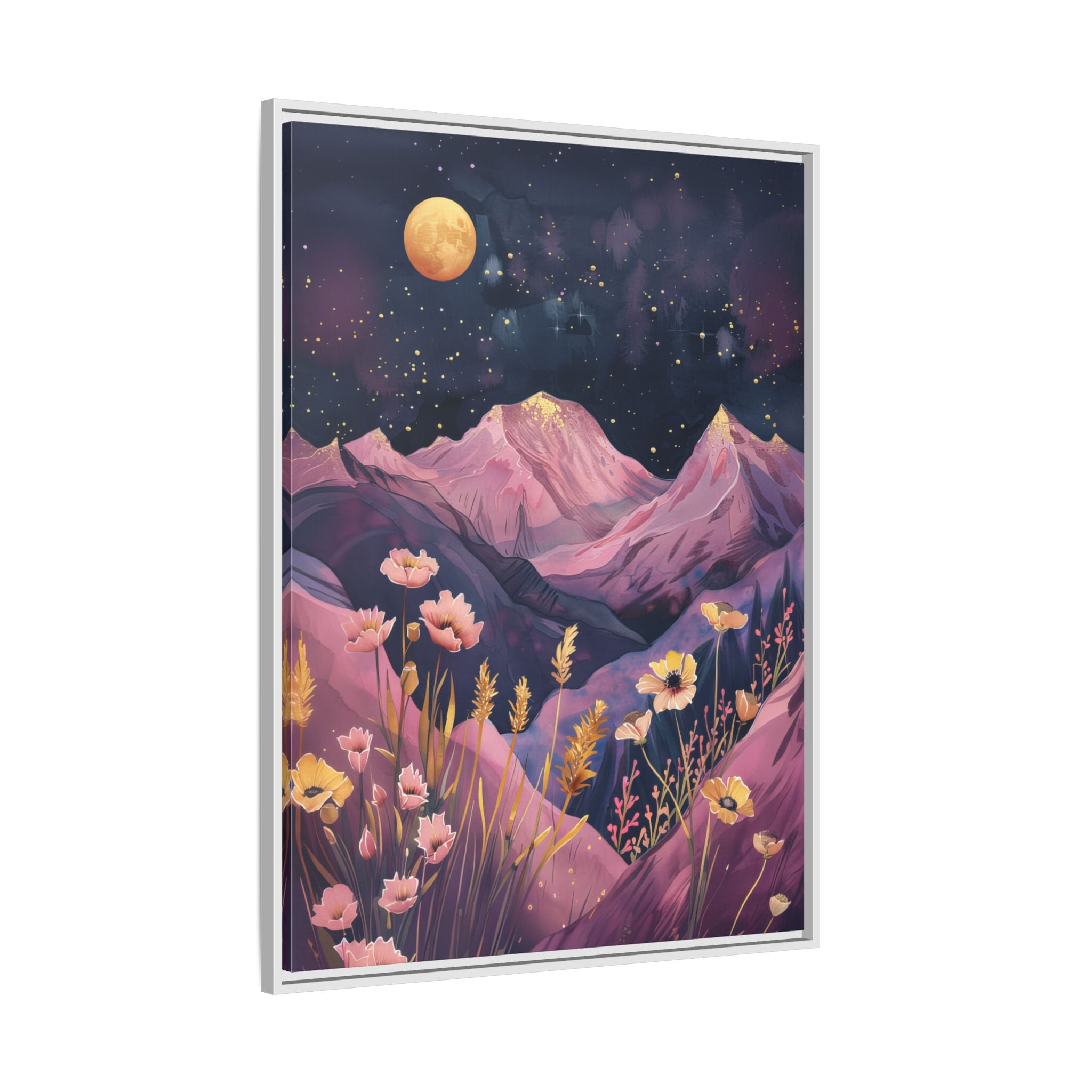 Framed Canvas - Golden Moon Over Lavender Peaks