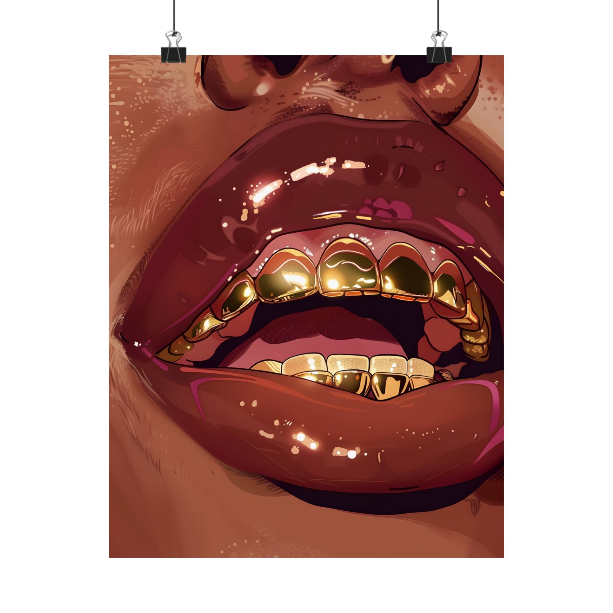 Gold Grill Lips Poster – Glossy Urban Wall Art – Skyvinity