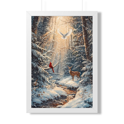 Framed Paper Print - Winter Cardinal Deer Owl