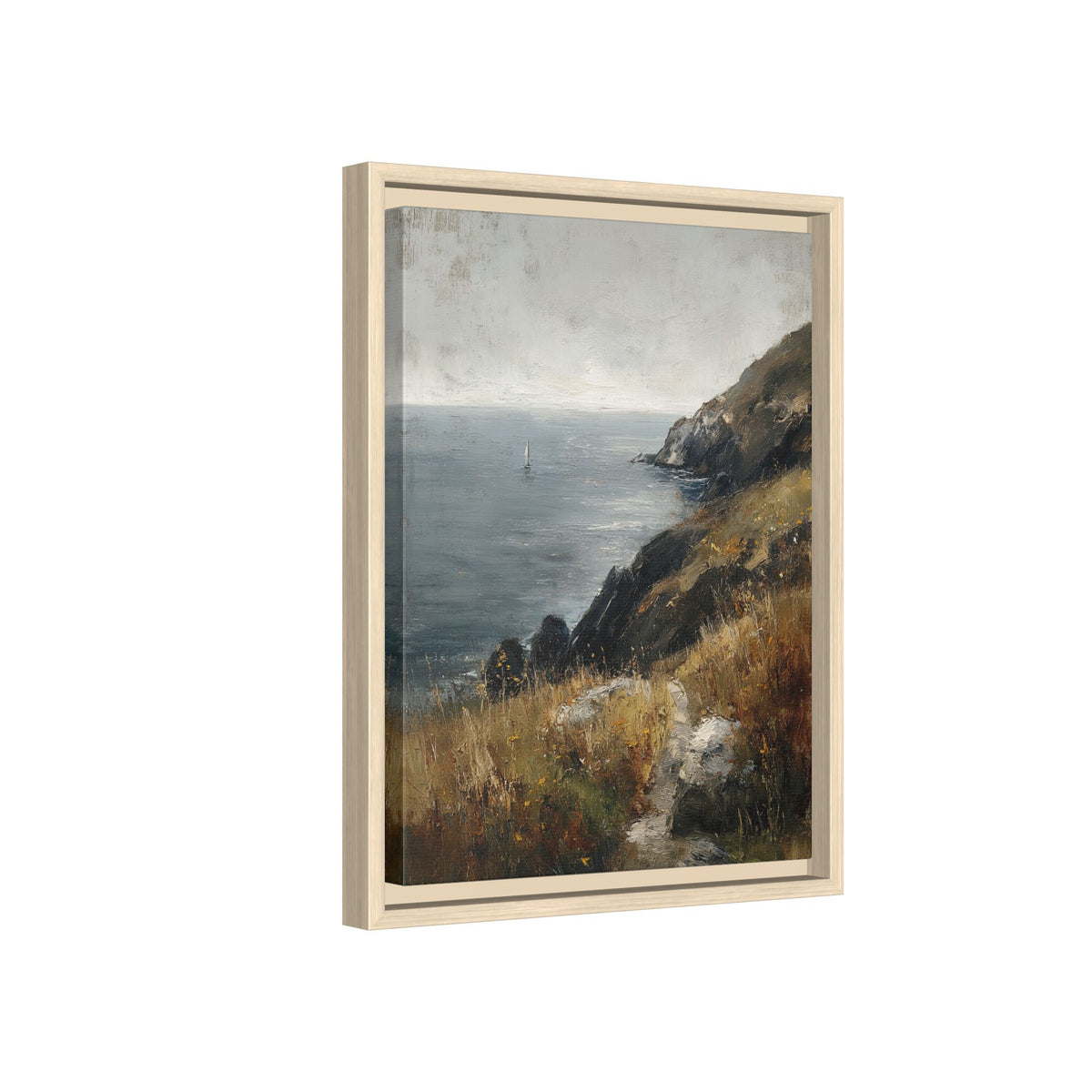 Framed Canvas - Cliffside Sailboat Seascape