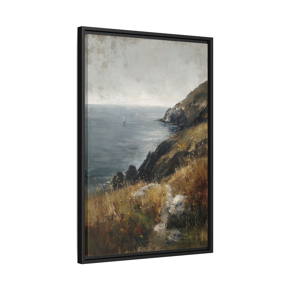 Framed Canvas - Cliffside Sailboat Seascape