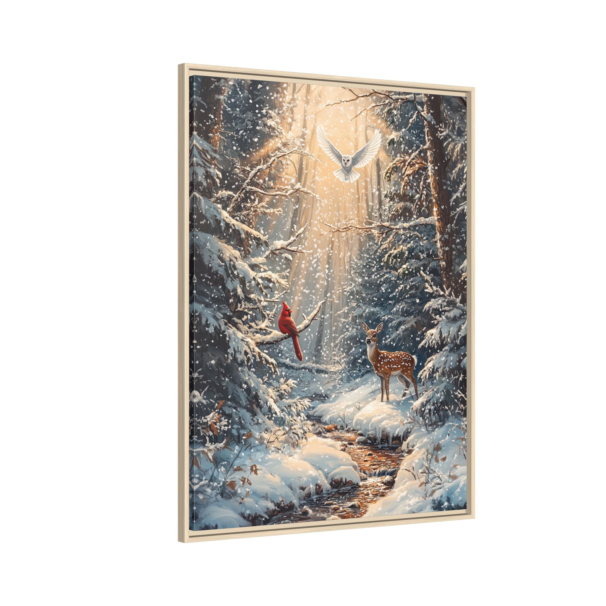 Framed Canvas - Winter Cardinal Deer Owl