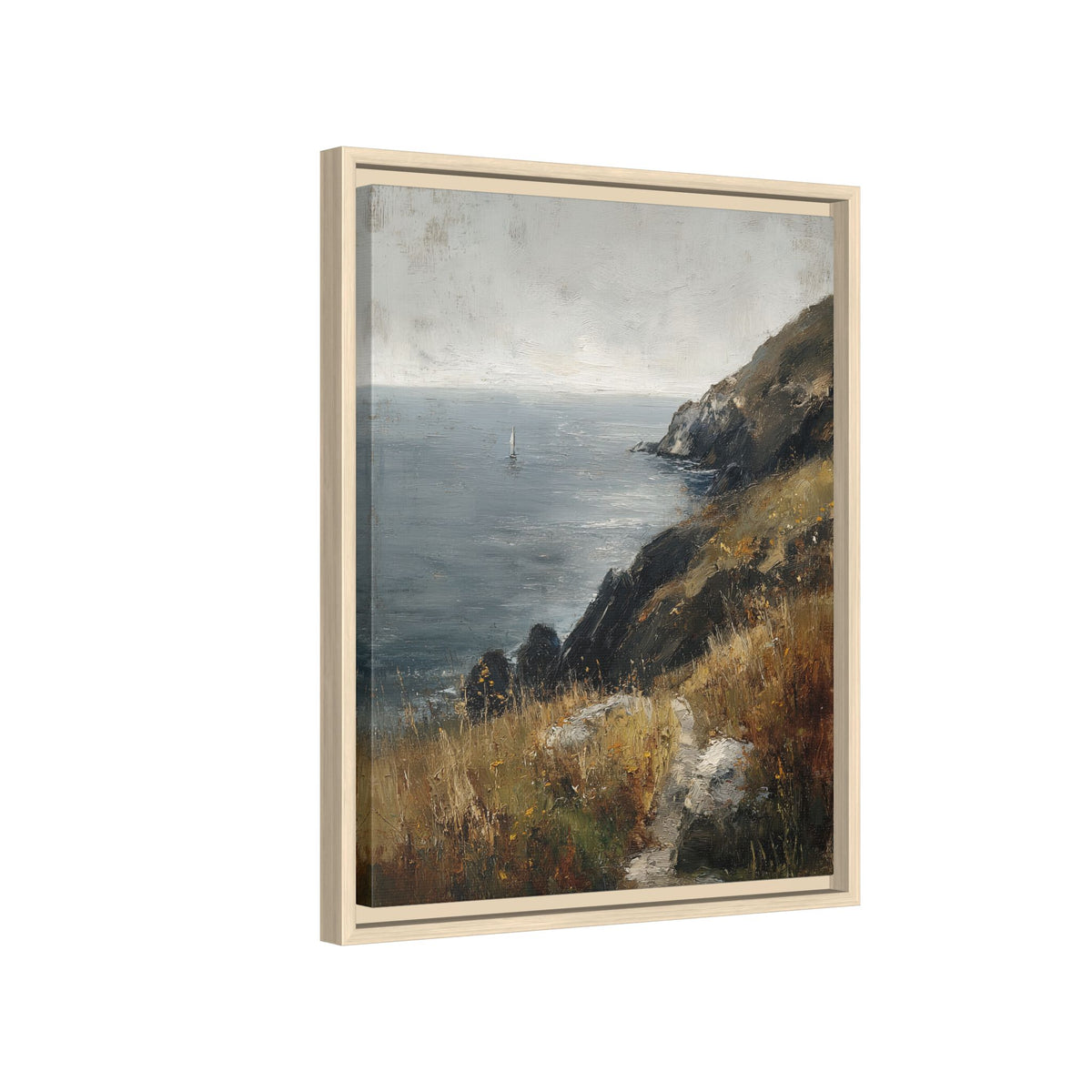 Framed Canvas - Cliffside Sailboat Seascape