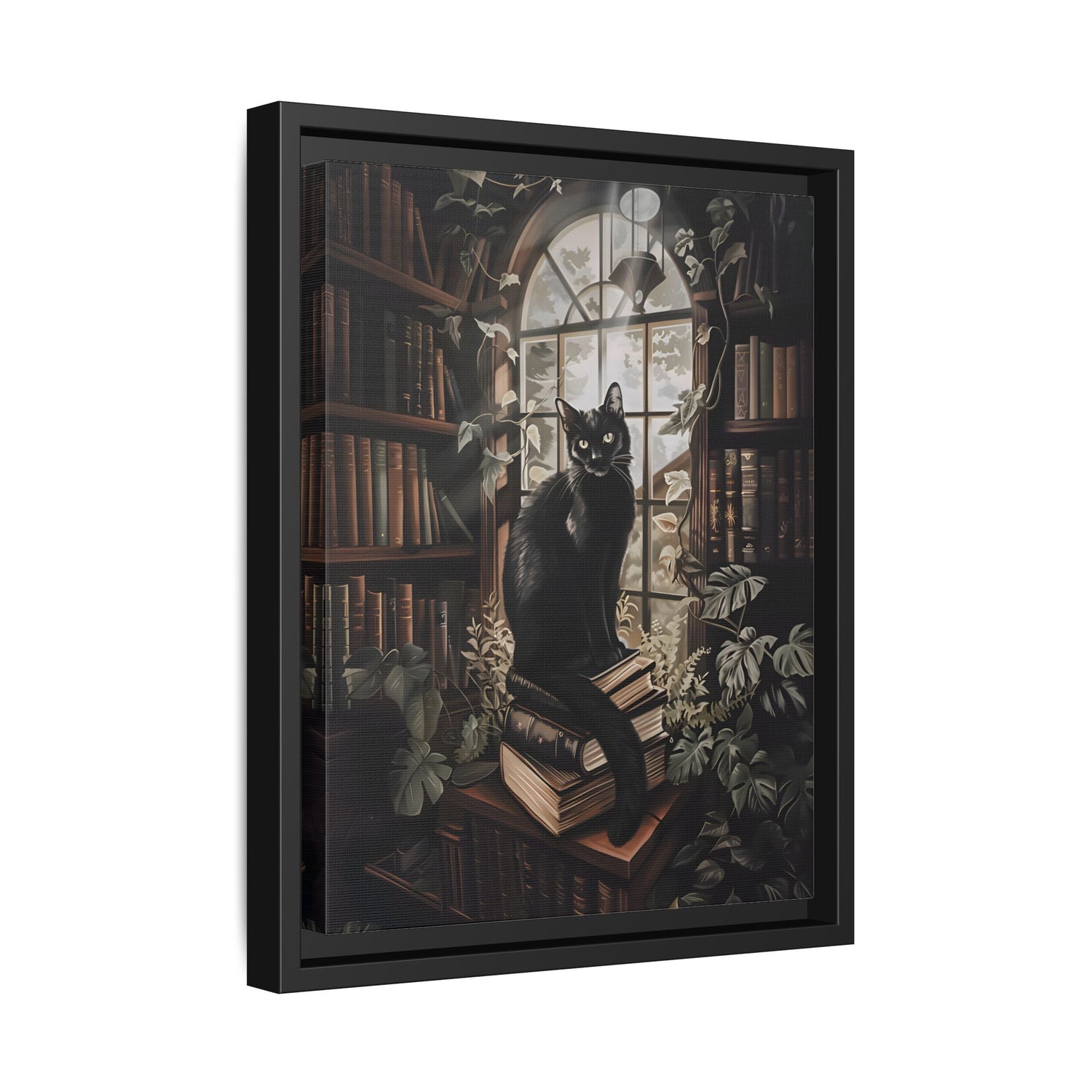 Framed Canvas - Book Hoarder Feline Gaze