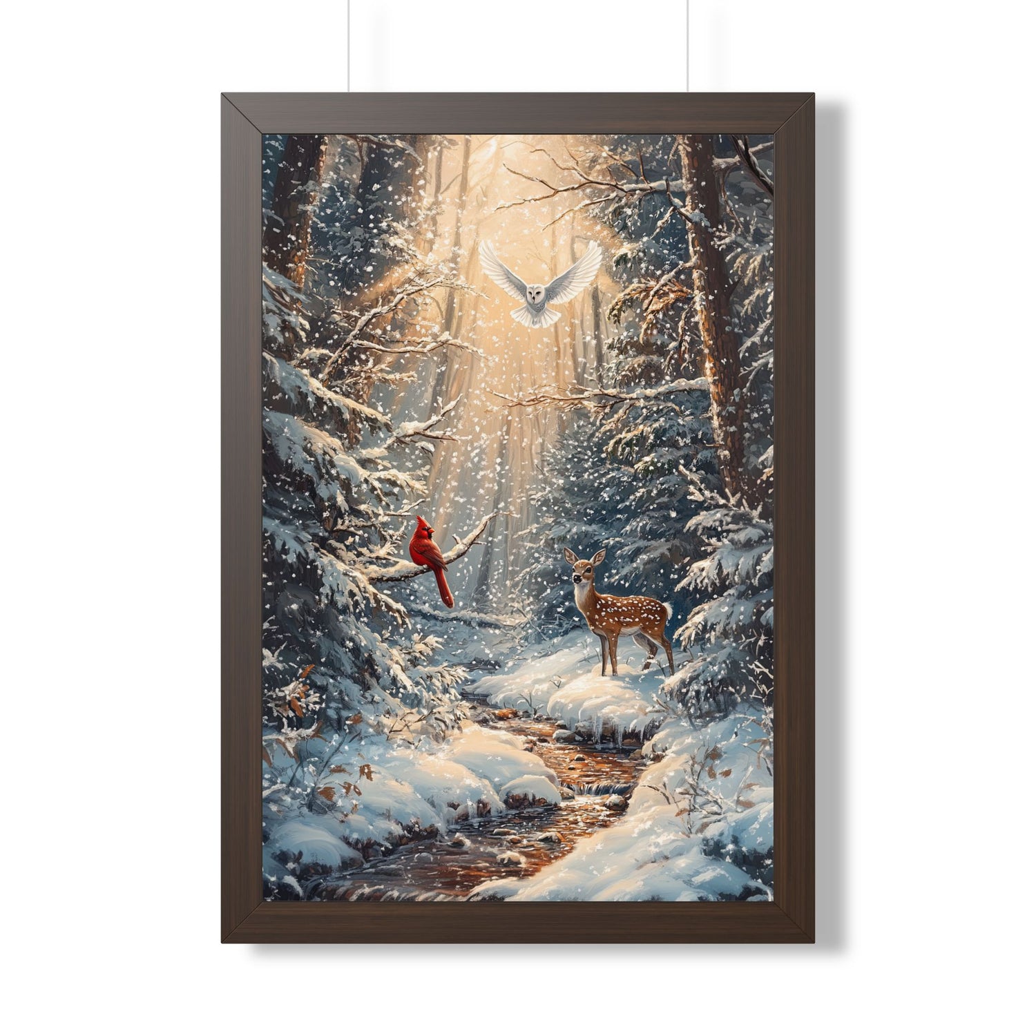 Framed Paper Print - Winter Cardinal Deer Owl