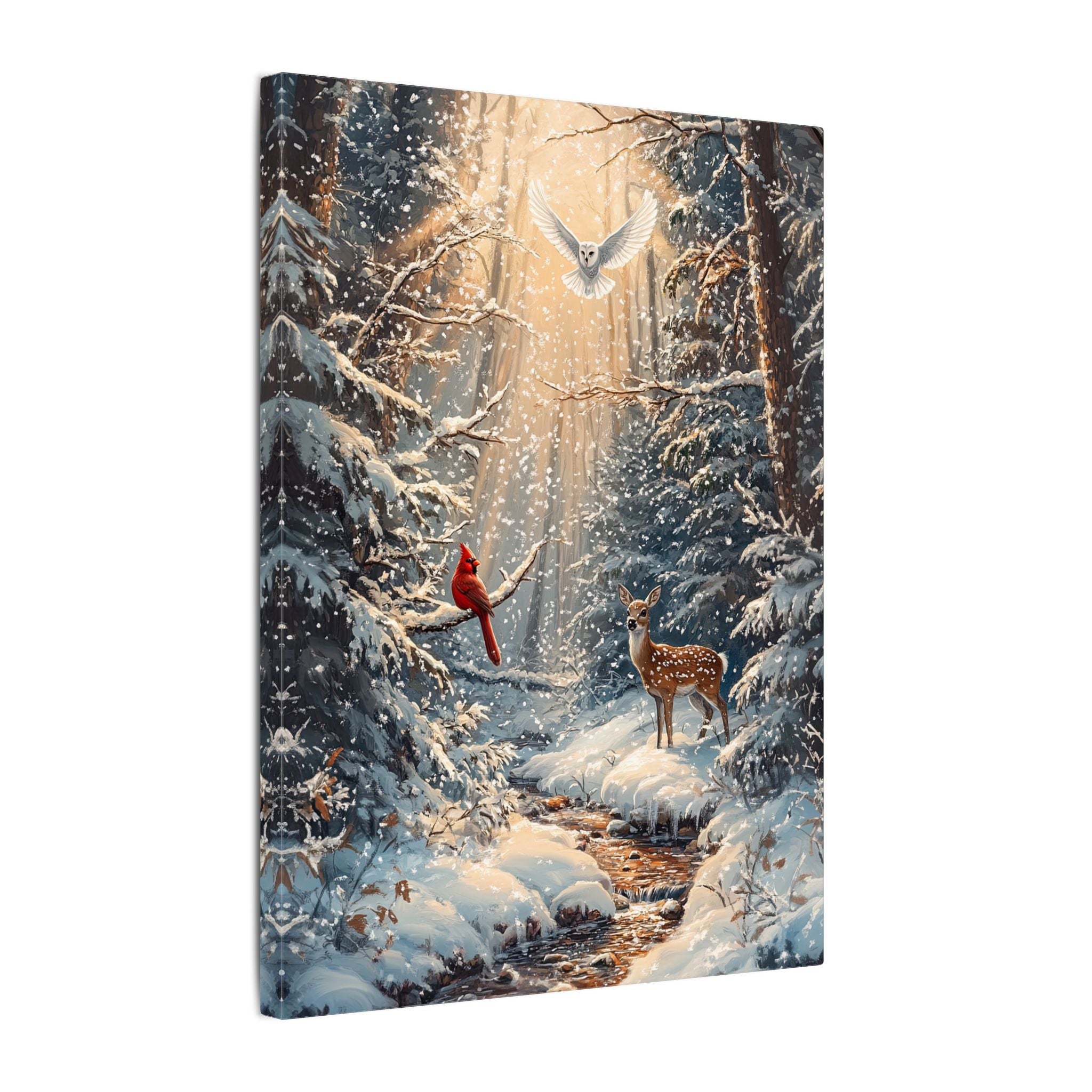 .75" Matte Canvas - Winter Cardinal Deer Owl