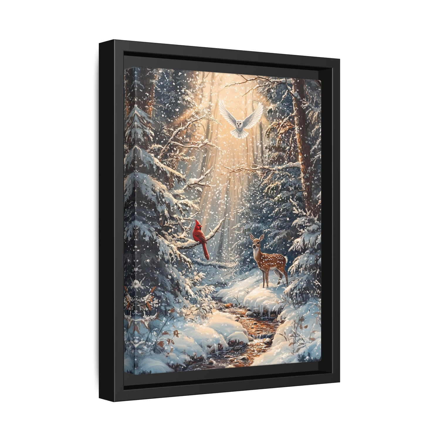 Framed Canvas - Winter Cardinal Deer Owl