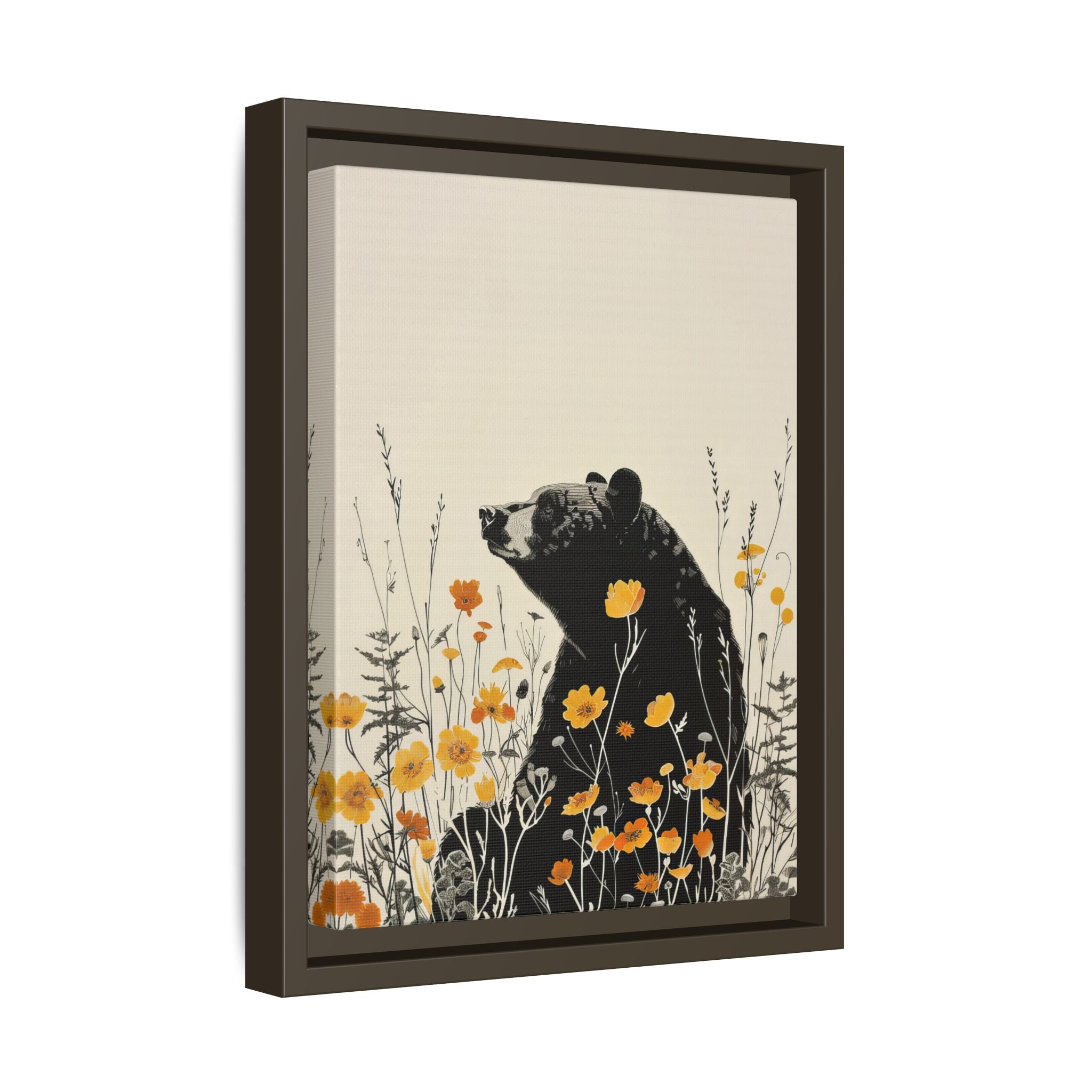 Framed Canvas - Black Bear in Wildflowers