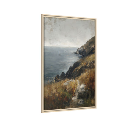 Framed Canvas - Cliffside Sailboat Seascape