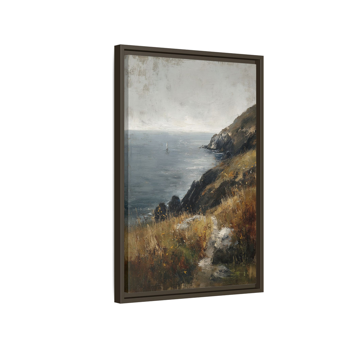 Framed Canvas - Cliffside Sailboat Seascape