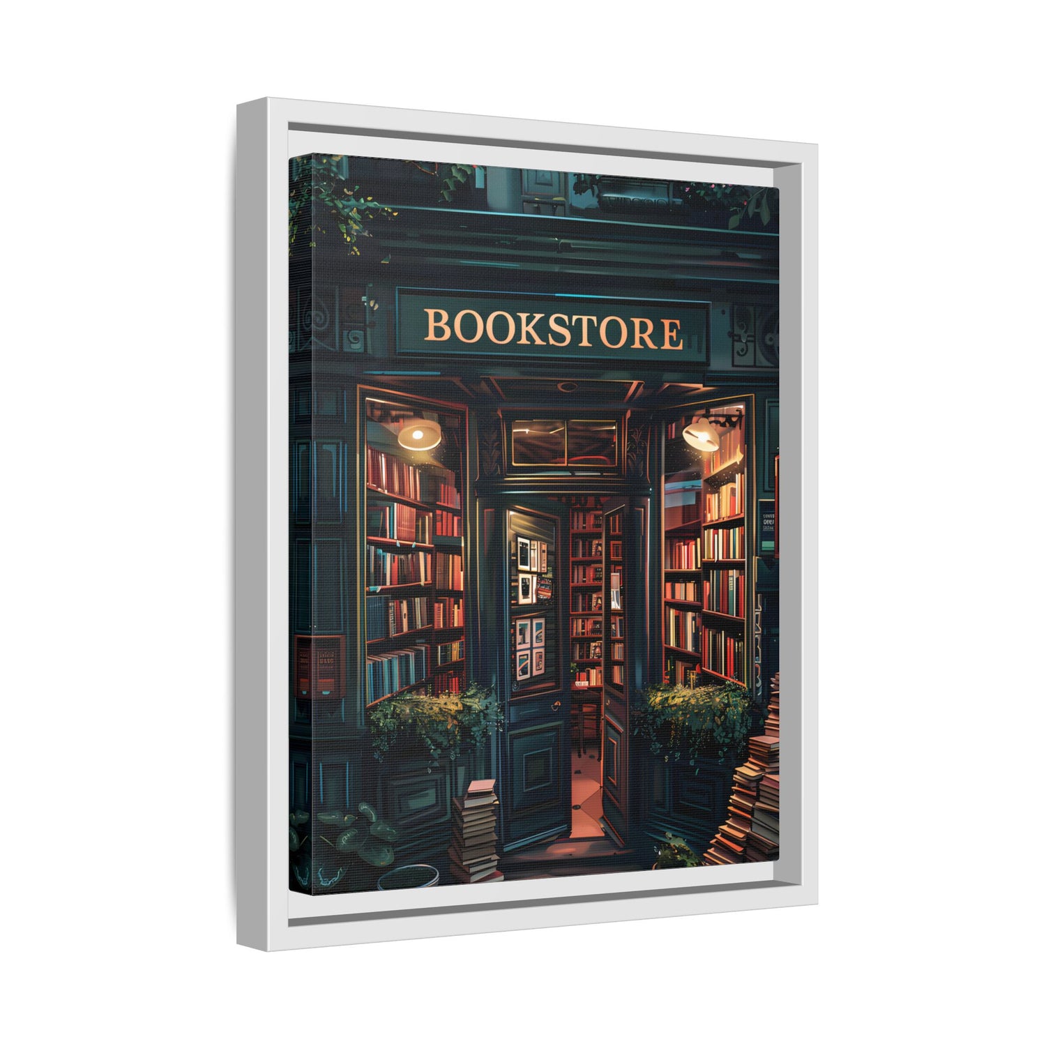 Framed Canvas - Midnight Bookstore Glow