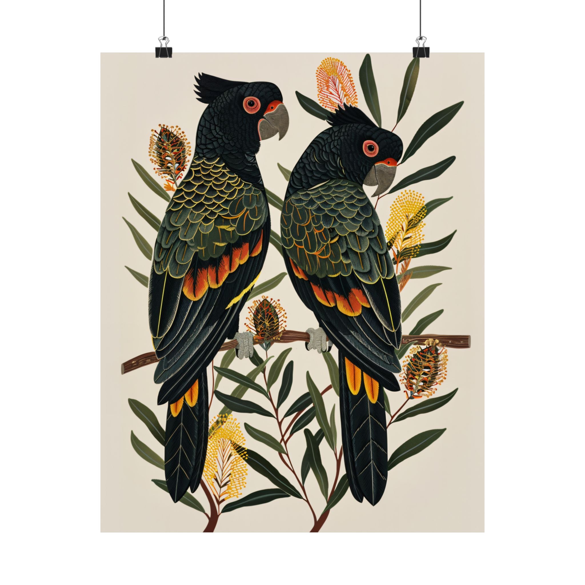 Black Cockatoos Among Banksia
