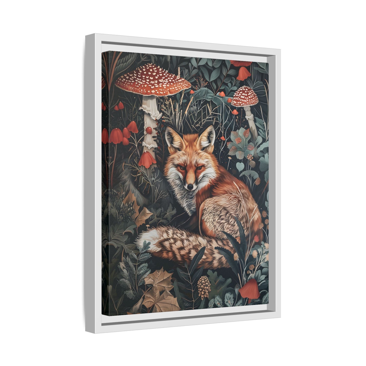 Framed Canvas - Forest Fox with Mushrooms