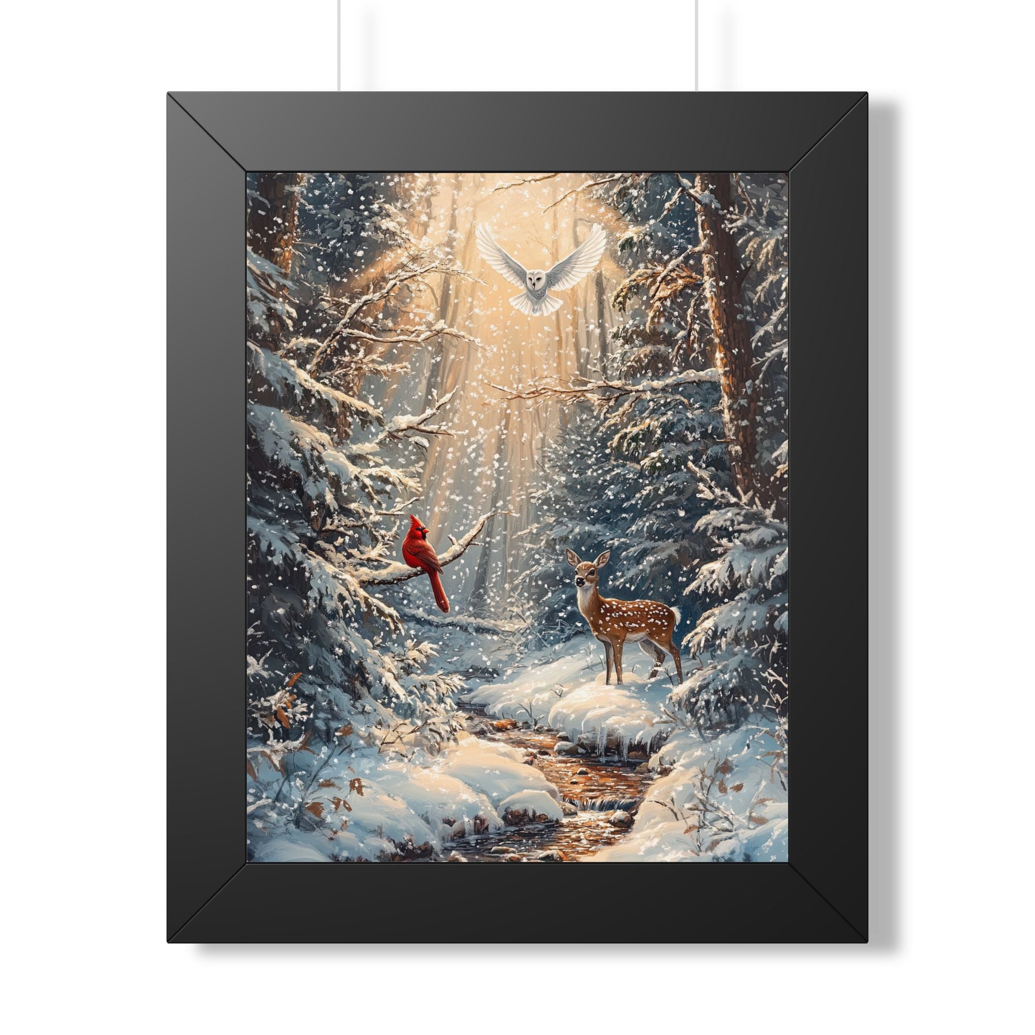 Framed Paper Print - Winter Cardinal Deer Owl