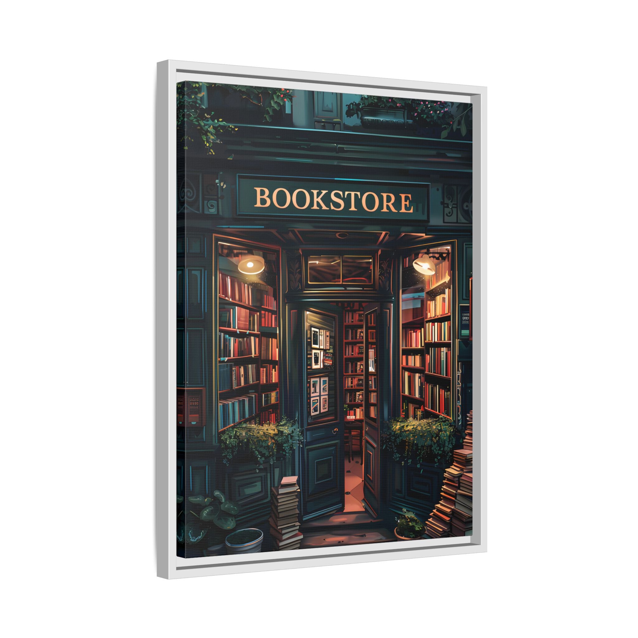 Framed Canvas - Midnight Bookstore Glow