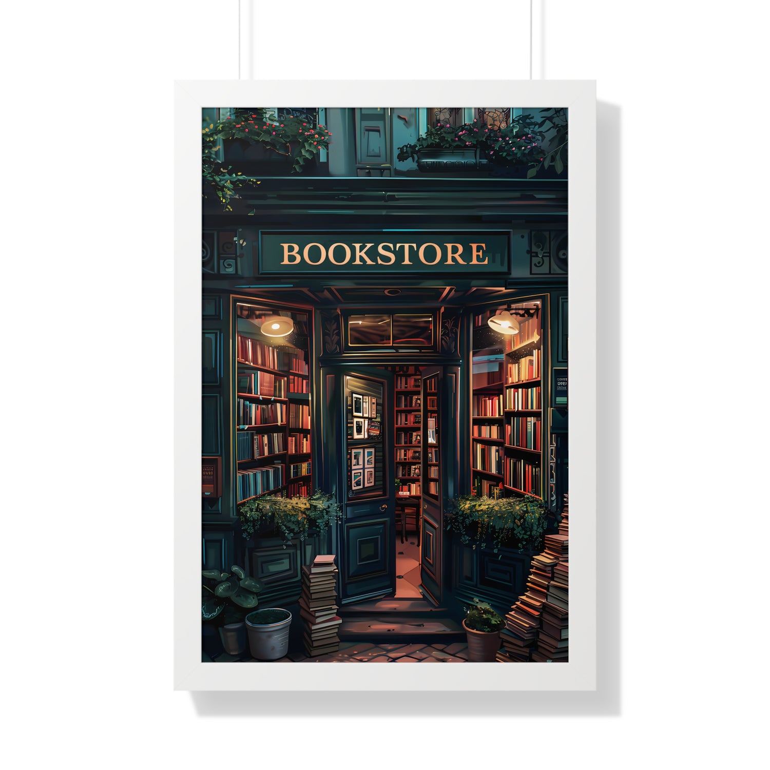 Framed Paper Print - Midnight Bookstore Glow