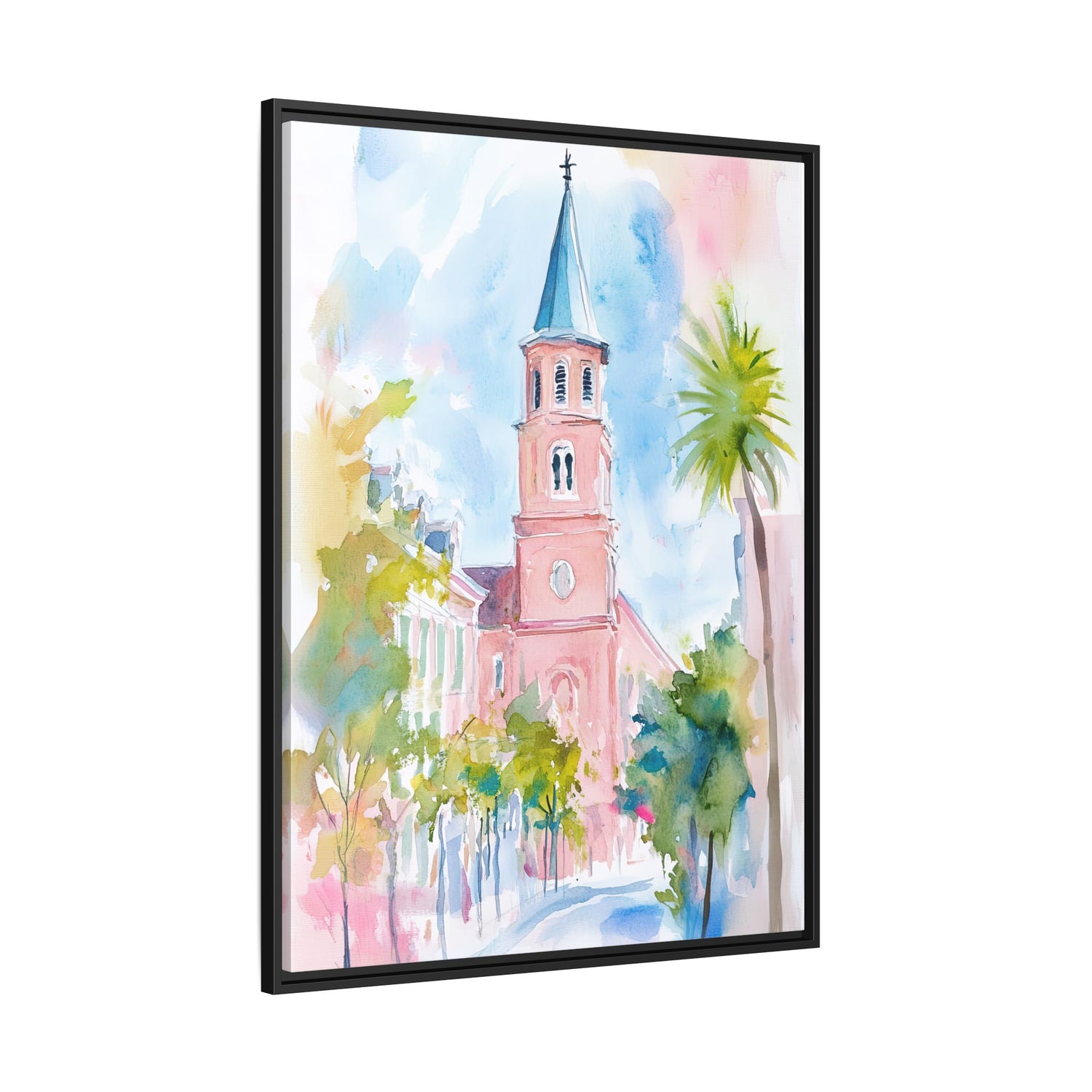 Framed Canvas - Charleston Steeple in Pastel Haze