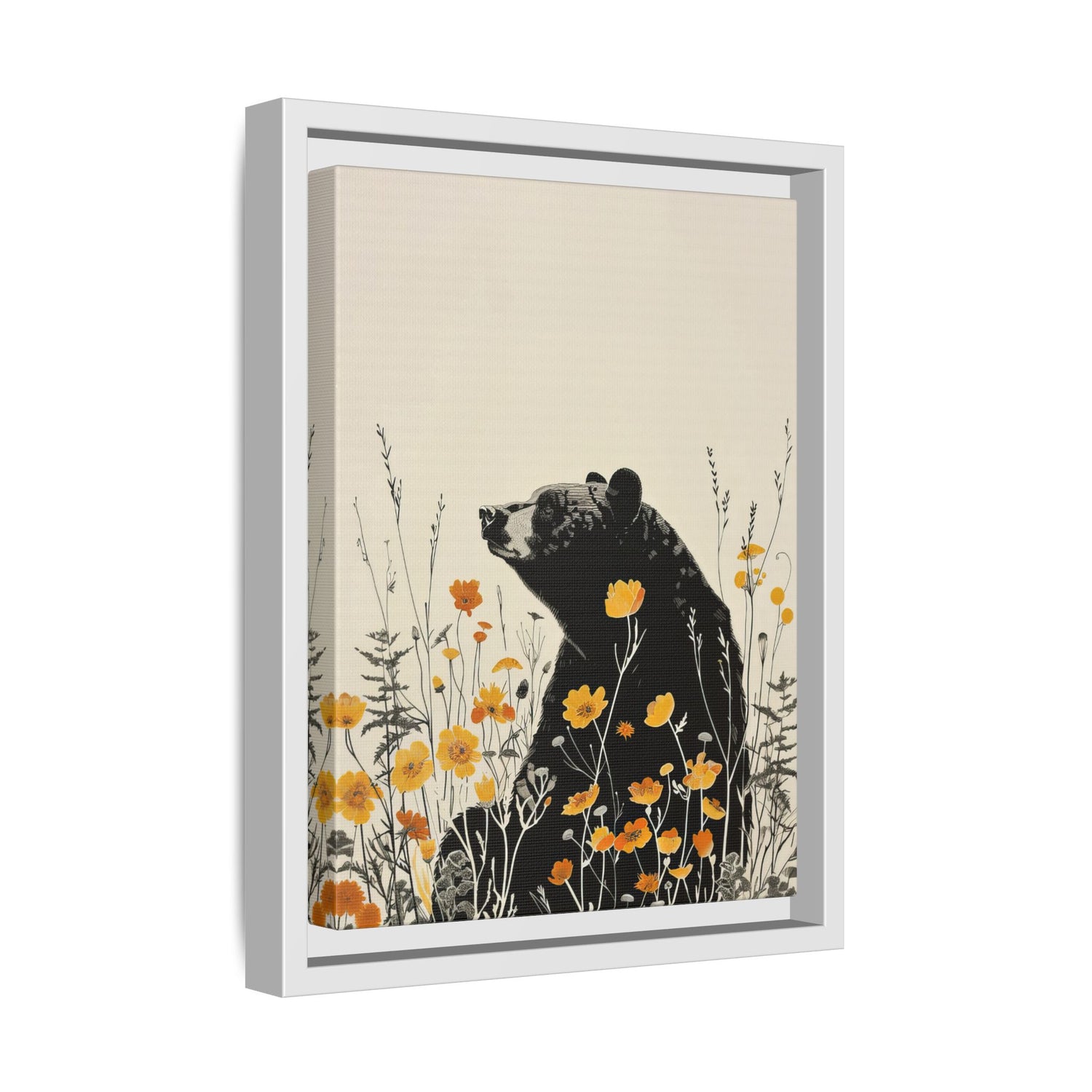 Framed Canvas - Black Bear in Wildflowers