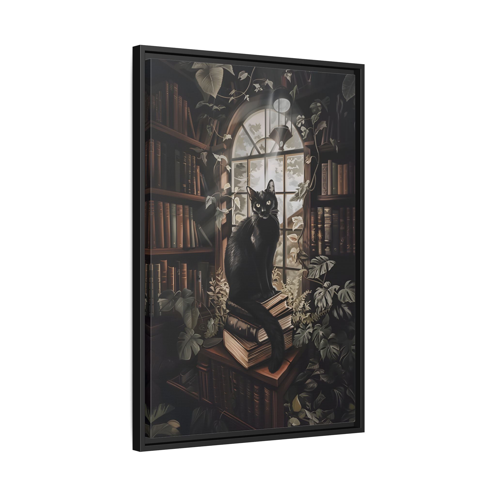 Framed Canvas - Book Hoarder Feline Gaze