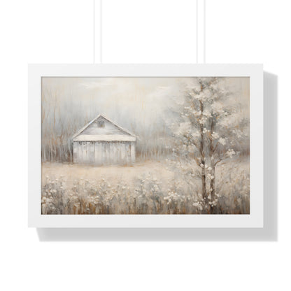 Framed Paper Print - Whispers of Winter Barn