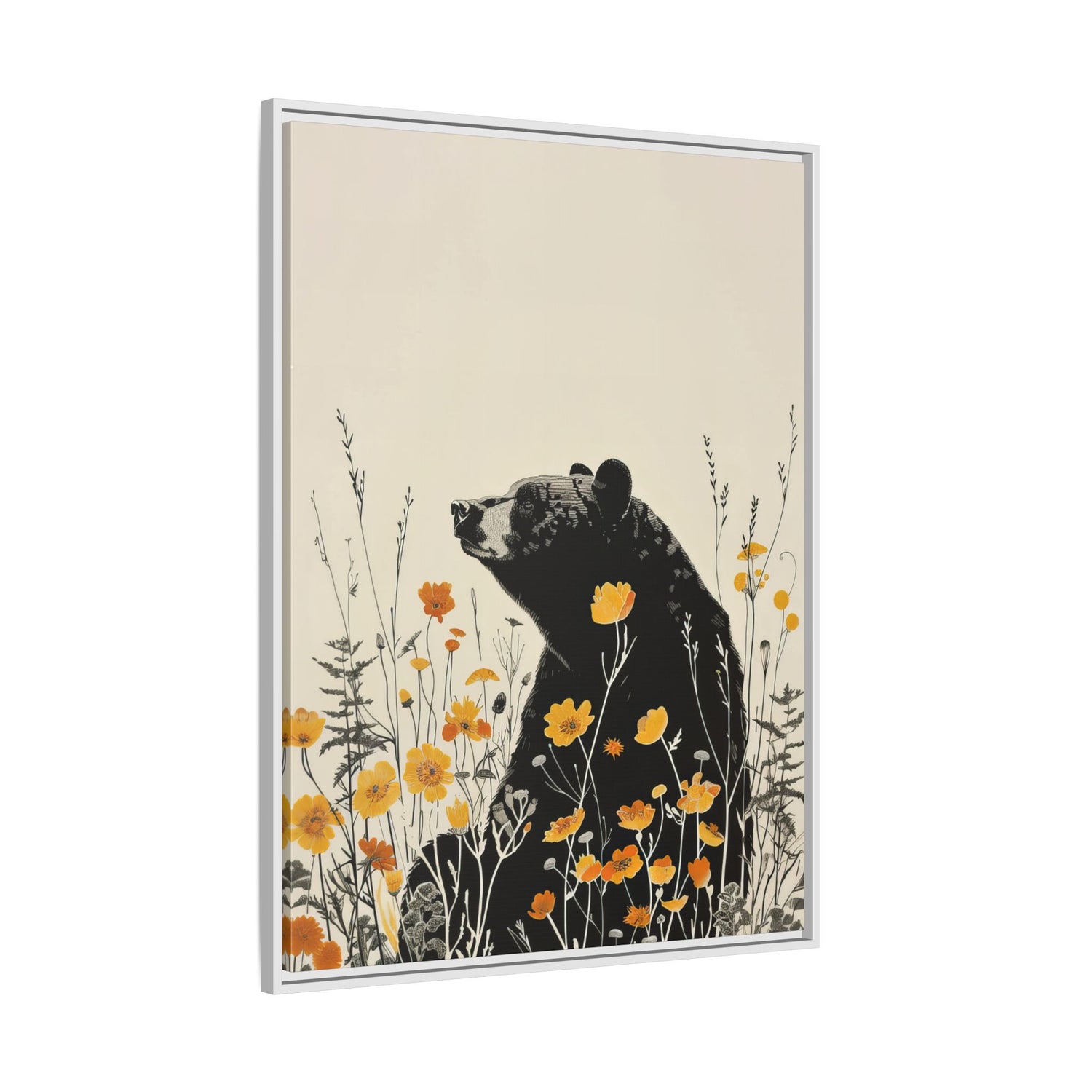 Framed Canvas - Black Bear in Wildflowers