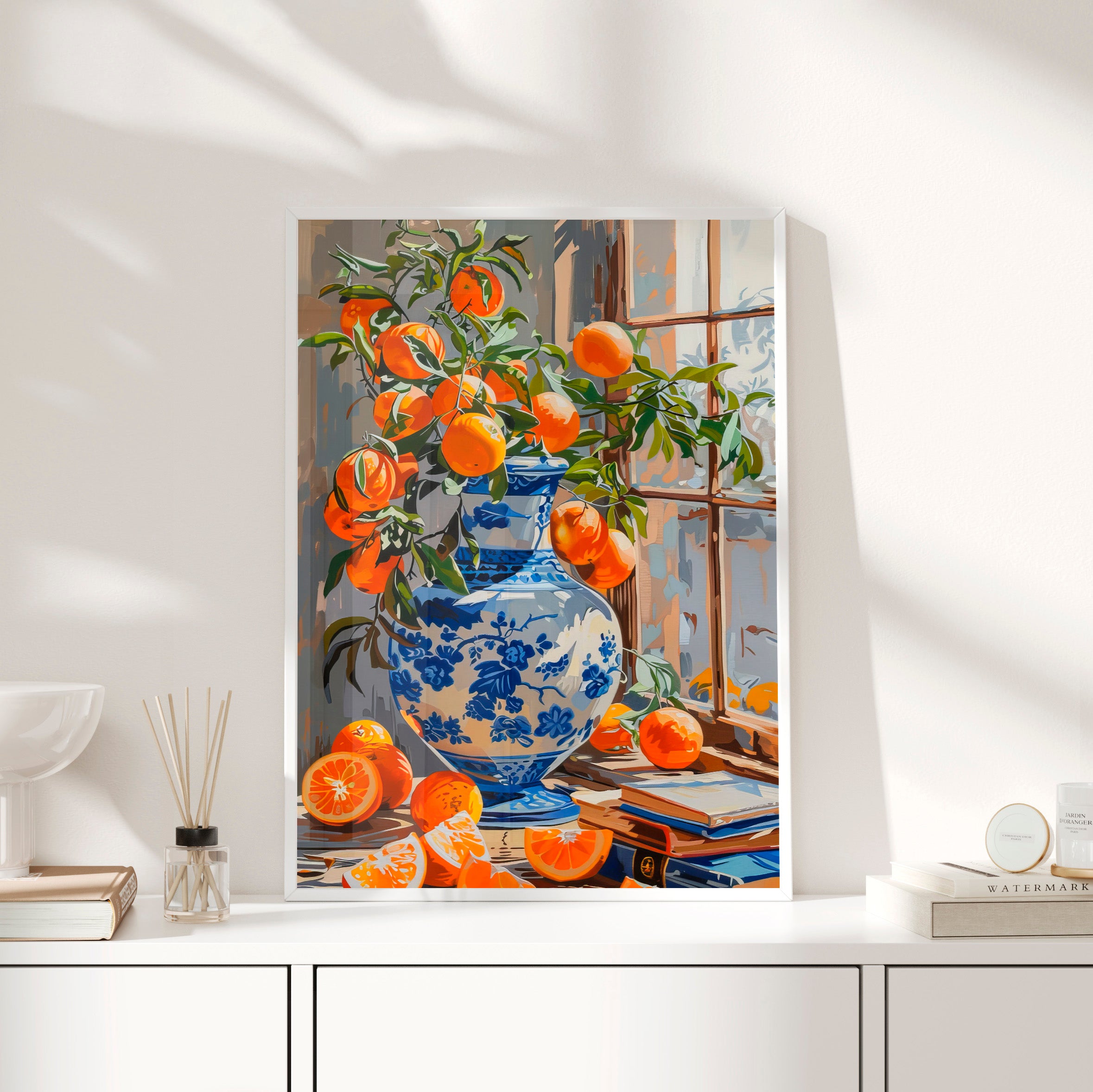 Framed Paper Print - Sunlit Citrus &amp; Porcelain