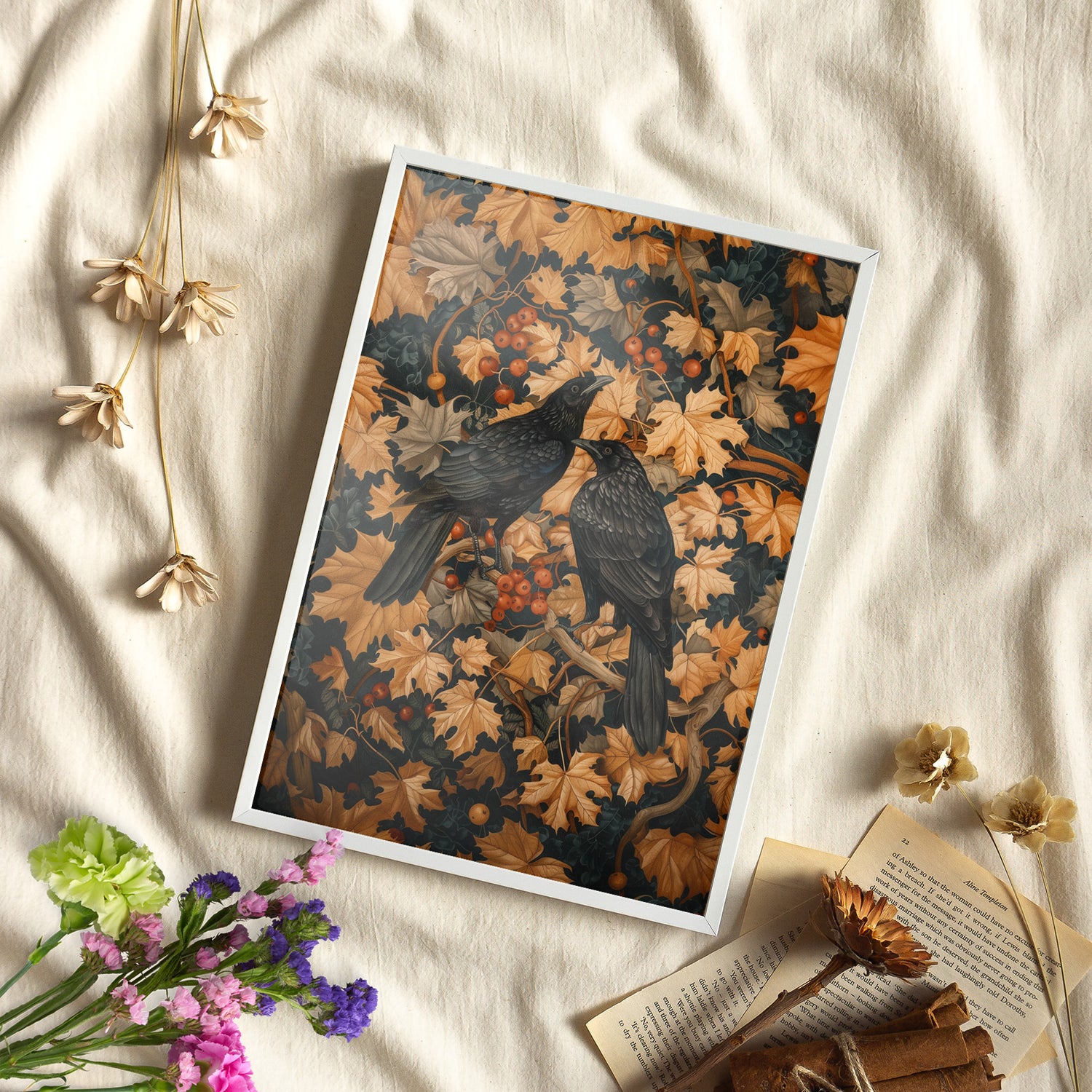 Framed Paper Print - Autumn Rooks in Golden Leaves