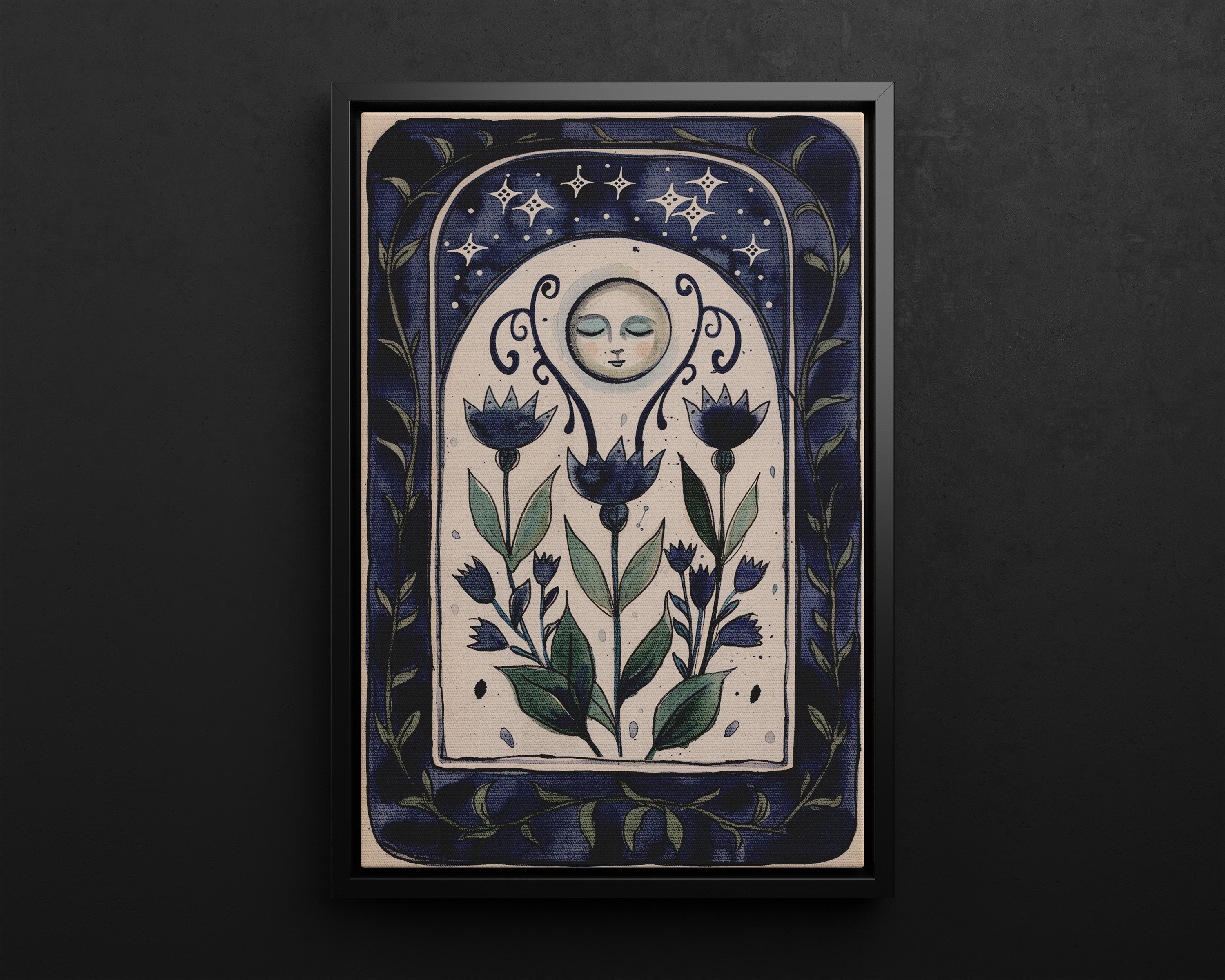 Framed Canvas - Moonlit Folk Bloom Dream