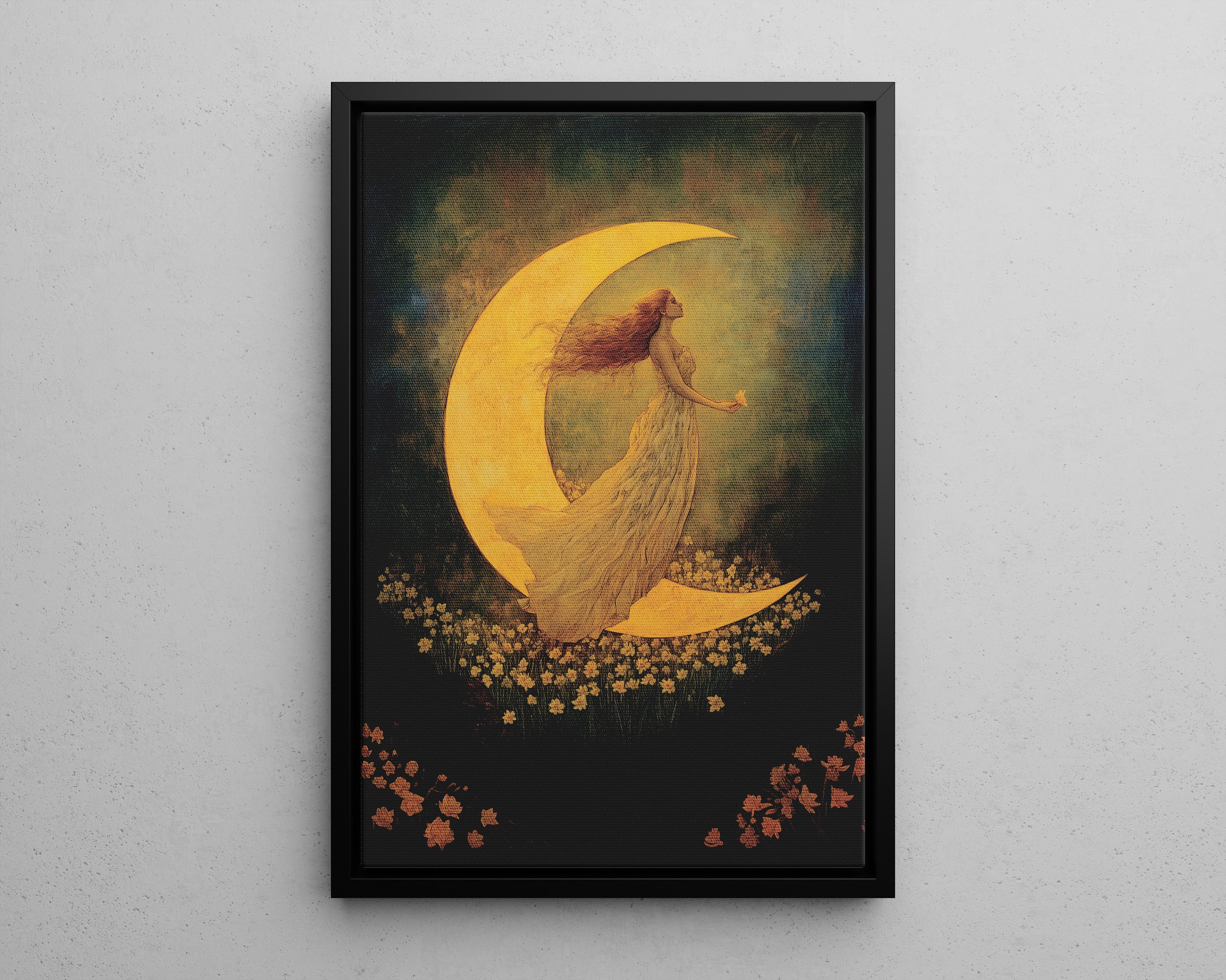Framed Canvas - Moonlit Dreamer with Daffodils