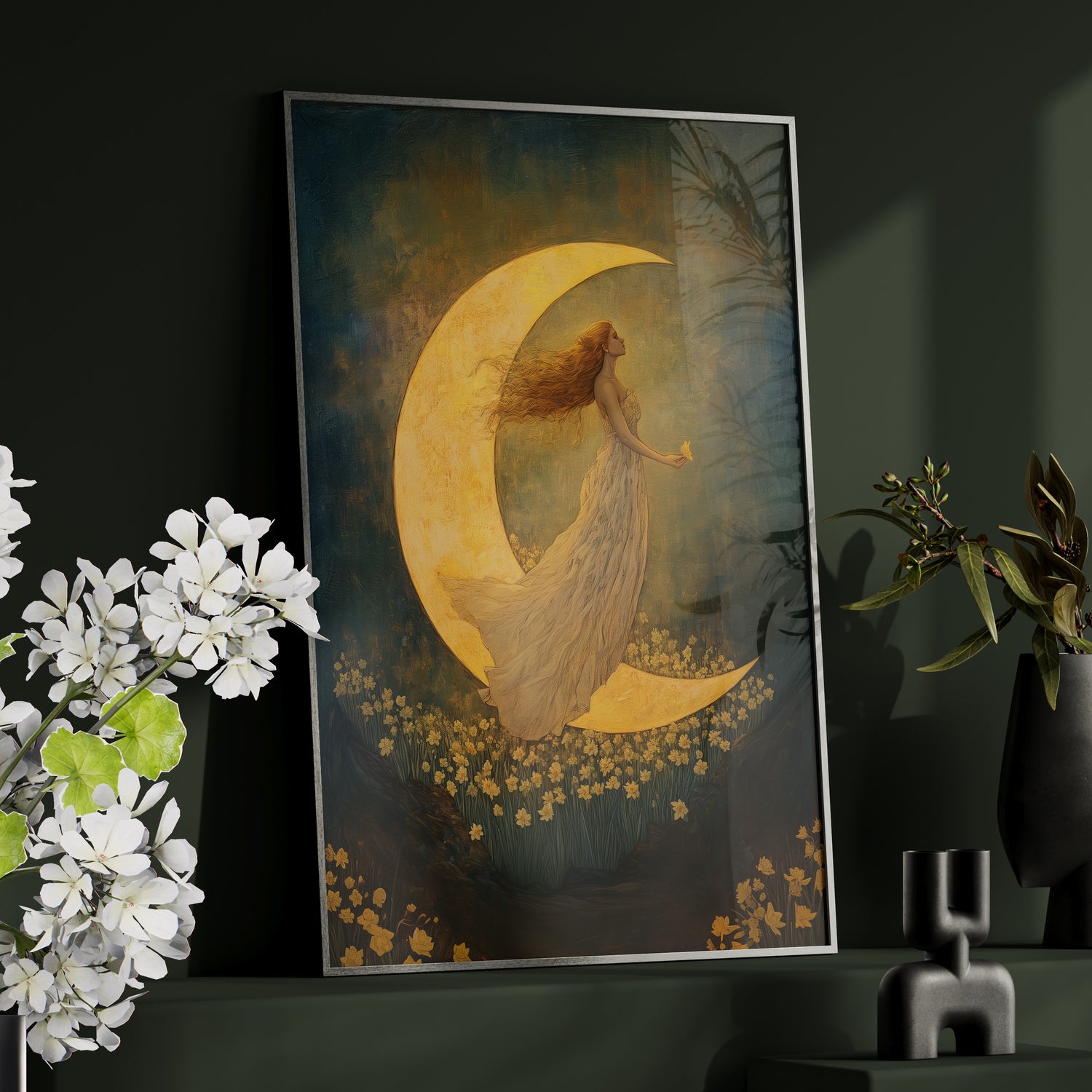 Framed Paper Print - Moonlit Dreamer with Daffodils