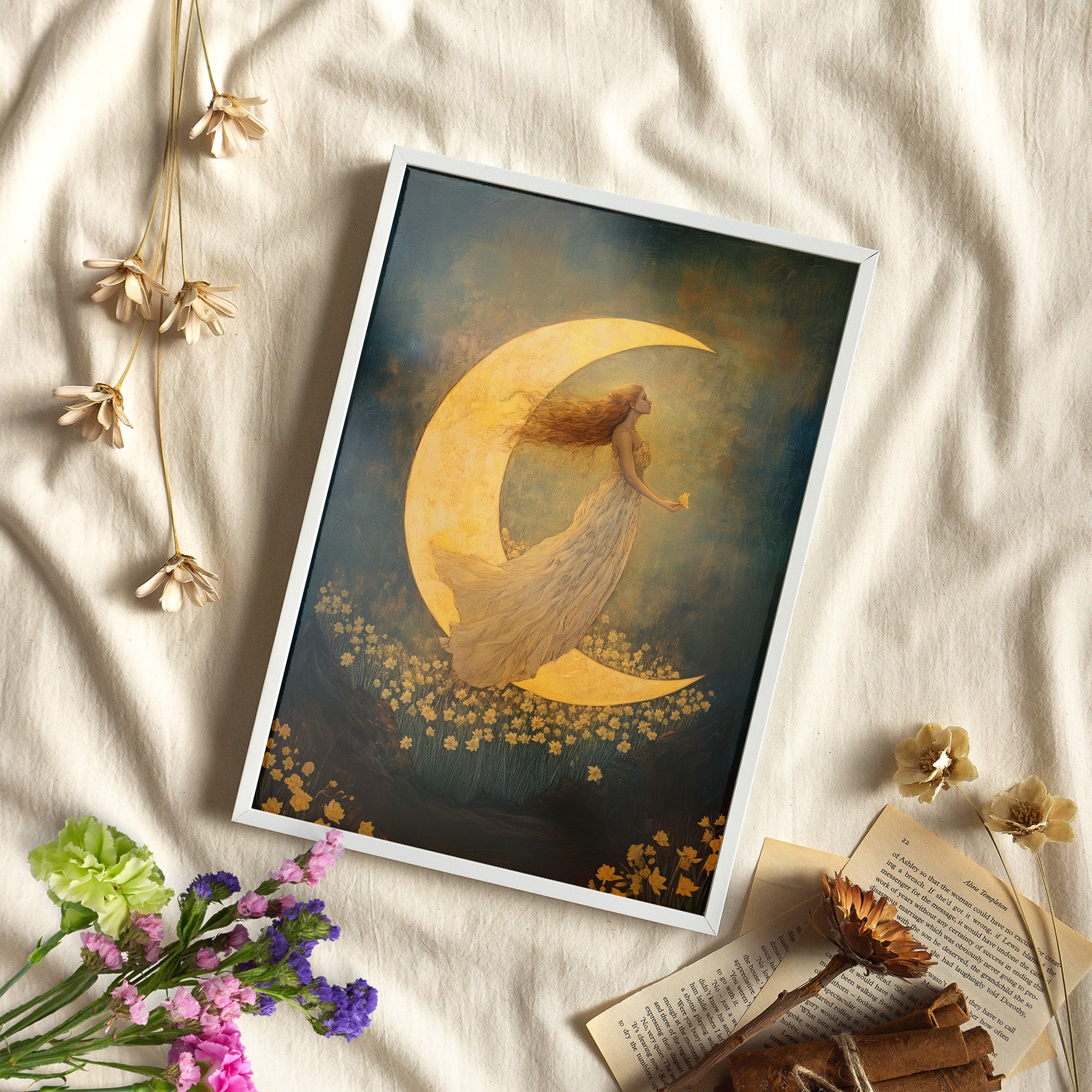 Framed Paper Print - Moonlit Dreamer with Daffodils