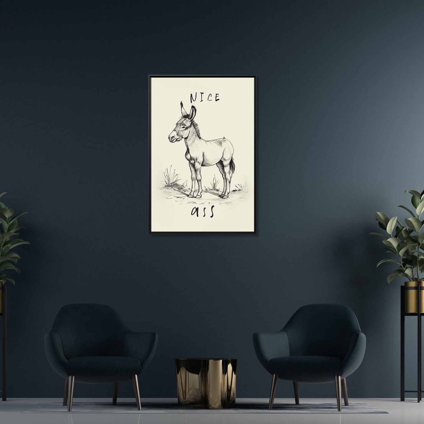 Framed Canvas - Donkey Line Art Humor