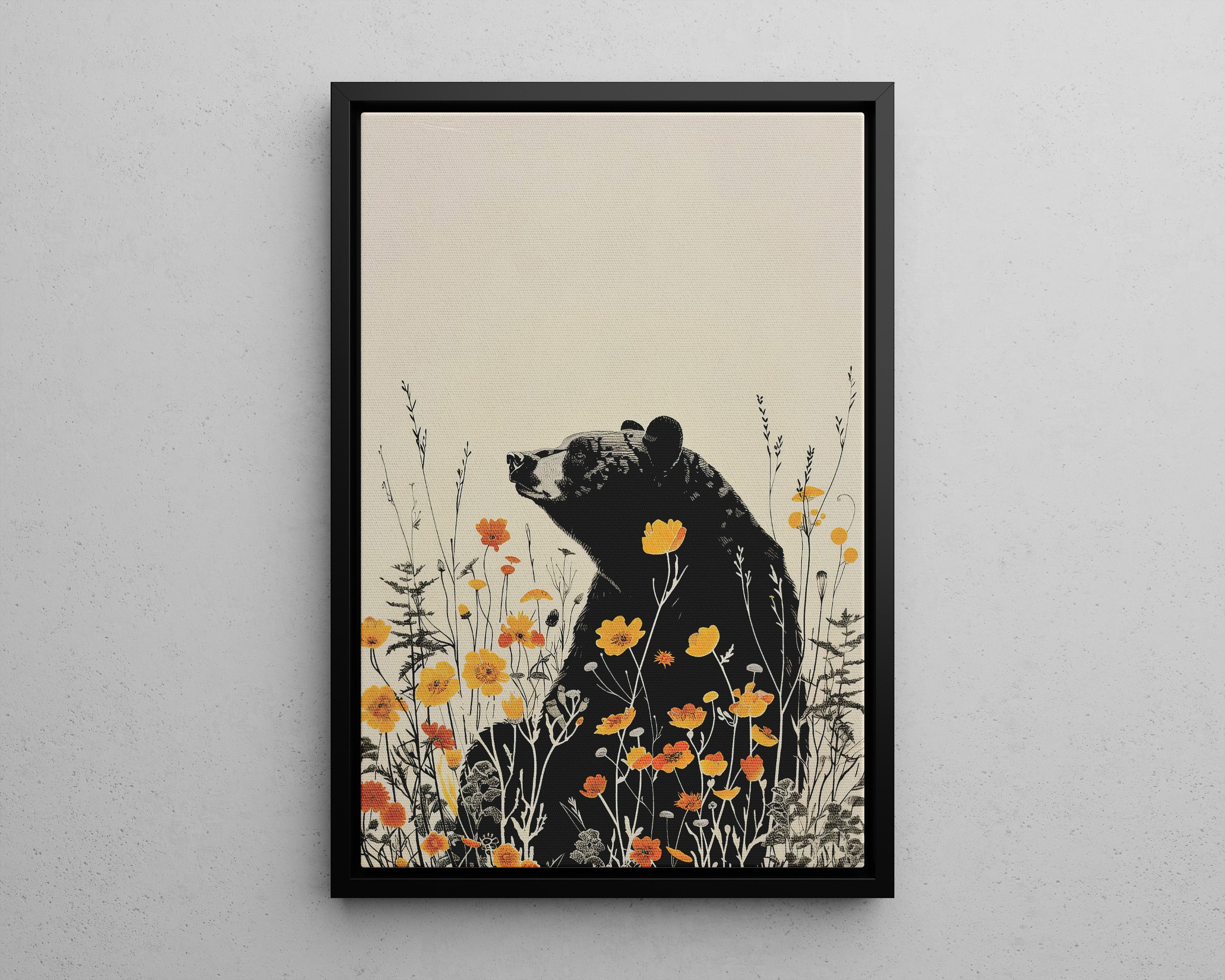 Framed Canvas - Black Bear in Wildflowers
