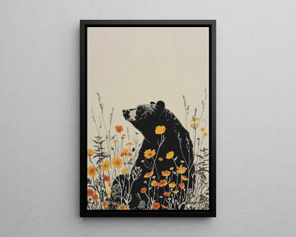 Framed Canvas - Black Bear in Wildflowers